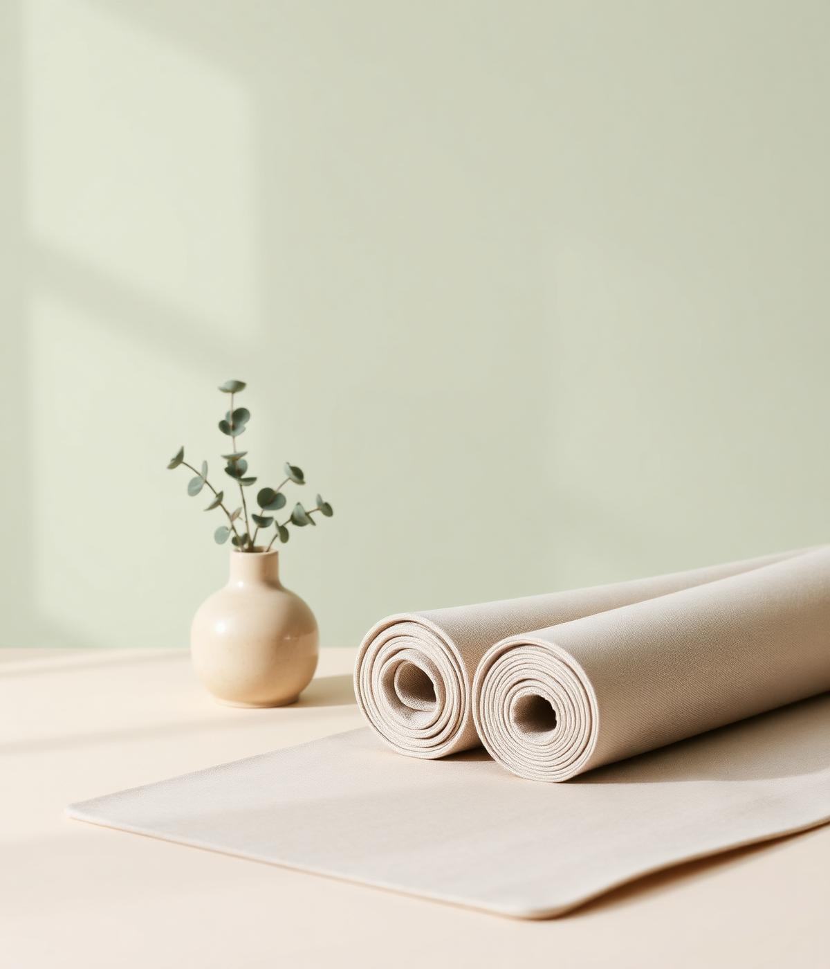 Rolled beige Pilates mats in a calm, light-filled studio
